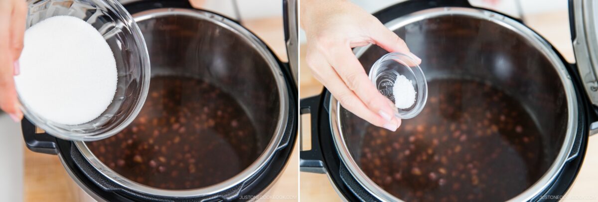 Side-by-side images show hands adding white granulated sugar and then salt from small bowls into an electric pressure cooker containing dark-colored beans and liquid.