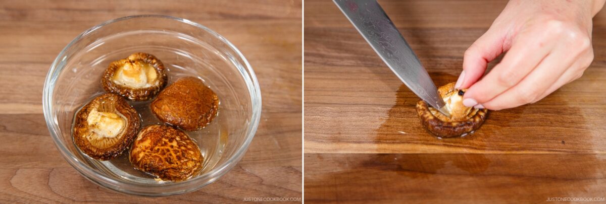 A bowl of shiitake mushrooms soaking in water is on the left; on the right, a hand slices the stem off a soaked shiitake mushroom&mdash;an essential step for preparing ingredients for chirashi sushi&mdash;on a wooden cutting board with a knife.