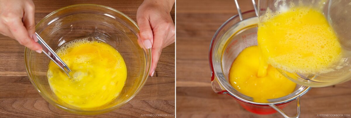 A person prepares eggs for chirashi sushi by whisking them in a glass bowl (left image), then pouring the beaten eggs through a mesh strainer into a container (right image), both on a wooden surface.