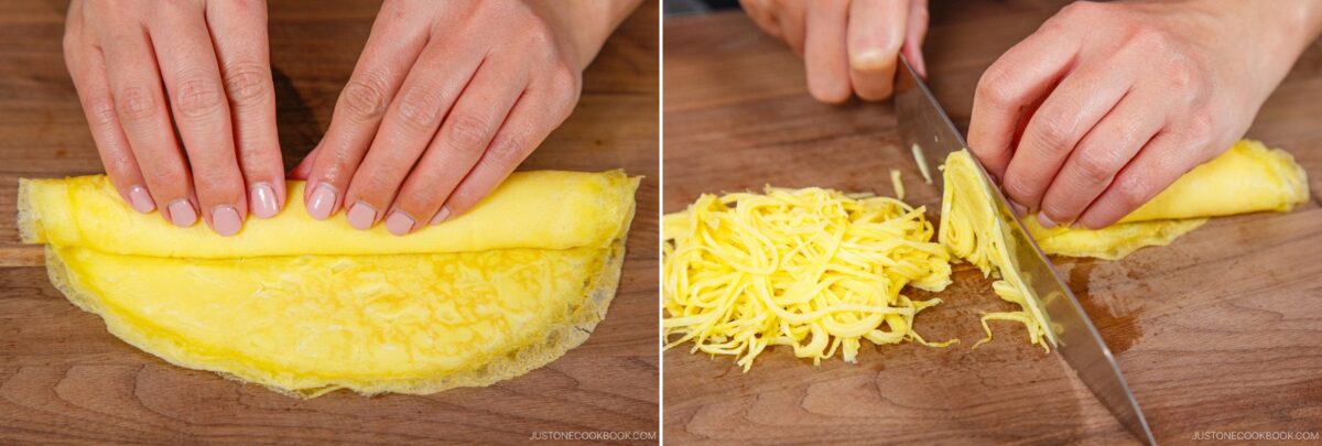 Two-panel image: Left, hands rolling a thin omelette on a wooden board; right, hands slicing the rolled omelette into thin strips&mdash;perfect for topping chirashi sushi.