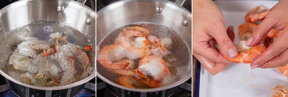 Three-step photo sequence: raw shrimp boiling in a pot, cooked shrimp in hot water, and hands peeling the shell off a shrimp&mdash;perfectly prepped for dishes like chirashi sushi&mdash;over a white surface.