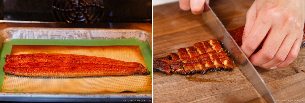Left: A cooked unagi (eel) fillet on a baking sheet lined with a silicone mat. Right: A hand slices the cooked unagi fillet into pieces on a wooden cutting board, perfect for topping chirashi sushi.