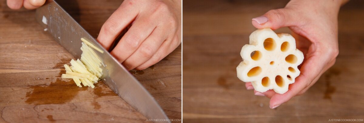 Left: A hand slices ginger into thin strips with a knife on a wooden cutting board&mdash;perfect for chirashi sushi. Right: A hand holds a cross-section of lotus root, showcasing its unique pattern of holes.