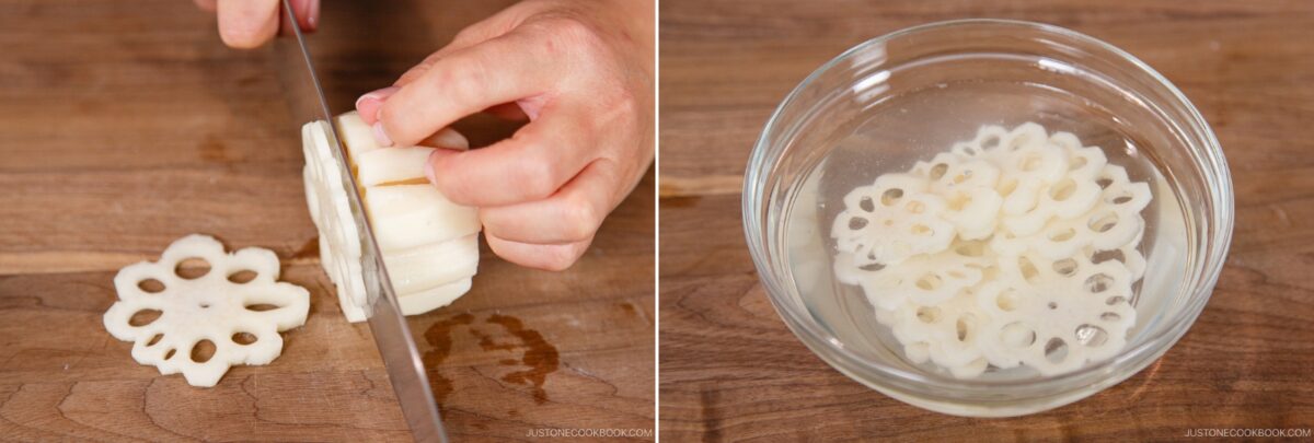 A hand slices lotus root on a cutting board in the left image; on the right, thin lotus root slices&mdash;perfect for chirashi sushi&mdash;are soaking in a bowl of water.