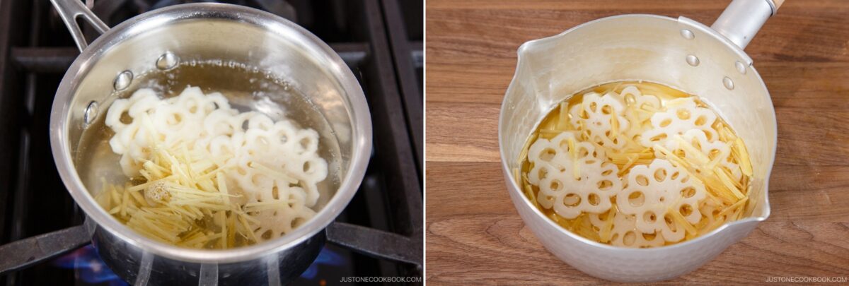 Two images: On the left, a pot of boiling water on a stove with sliced lotus root and julienned ginger&mdash;essential toppings for chirashi sushi. On the right, the same ingredients soak in water in a white saucepan on a wooden surface.