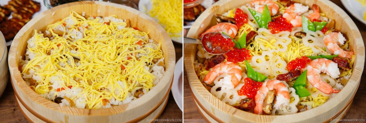 Side-by-side images of a wooden bowl with rice. The left features shredded egg and vegetables, while the right displays chirashi sushi, elaborately garnished with shrimp, lotus root, green peas, fish roe, and eel.