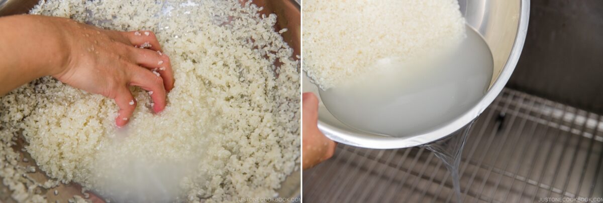 A hand rinses white rice in a bowl of cloudy water on the left; on the right, the cloudy rice water is being poured out from the bowl into a sink.