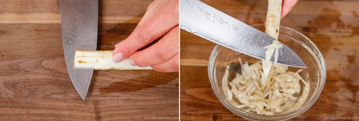 Close-up of a hand scraping burdock root with a knife, then slicing it thinly over a bowl of water&mdash;preparing fresh ingredients for chirashi sushi on a wooden surface.