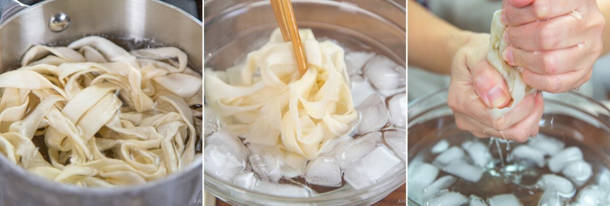 Three images: wide noodles boiling in a pot, noodles being stirred in a bowl of ice water, and hands squeezing water from noodles&mdash;steps perfect for prepping fresh toppings for chirashi sushi.