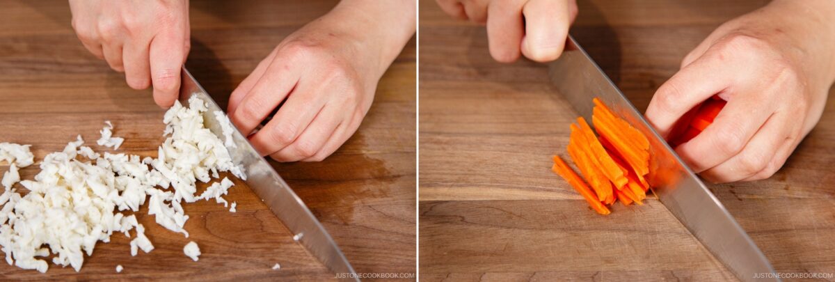 Side-by-side images show hands preparing ingredients for chirashi sushi: on the left, chopping white onions into small pieces; on the right, slicing orange carrots into thin sticks&mdash;both atop wooden cutting boards.