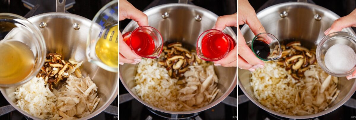 A collage of three images shows hands adding broth, red liquid, and seasonings to a pot filled with chopped mushrooms, cabbage, and chicken on a stovetop&mdash;capturing the vibrant layering reminiscent of chirashi sushi.