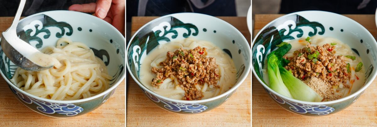  first, broth is poured over noodles; second, a ground meat mixture is added; third, bok choy, chopped green onions, and sesame seeds are placed on top.