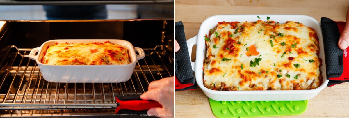 A casserole dish with baked lasagna is shown in an oven on the left, and on the right, it is being removed and placed on a green mat, topped with melted cheese and parsley, reminiscent of the flavorful layers found in Yaki Keema Curry.
