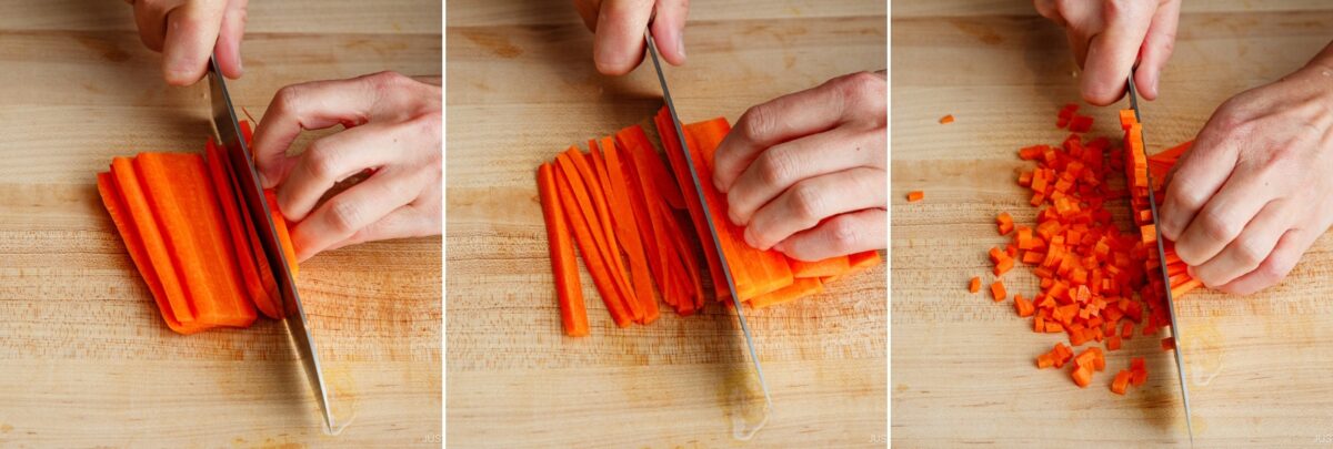 Three side-by-side images showing hands using a knife to cut carrots for Yaki Keema Curry: first into sticks, then thinner strips, and finally into small diced pieces on a wooden cutting board.
