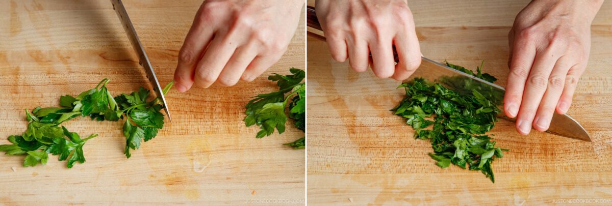 Two images side by side show hands chopping fresh parsley on a wooden cutting board with a large kitchen knife&mdash;perfect preparation for garnishing Yaki Keema Curry. The left image shows the parsley being held, the right shows it being finely chopped.