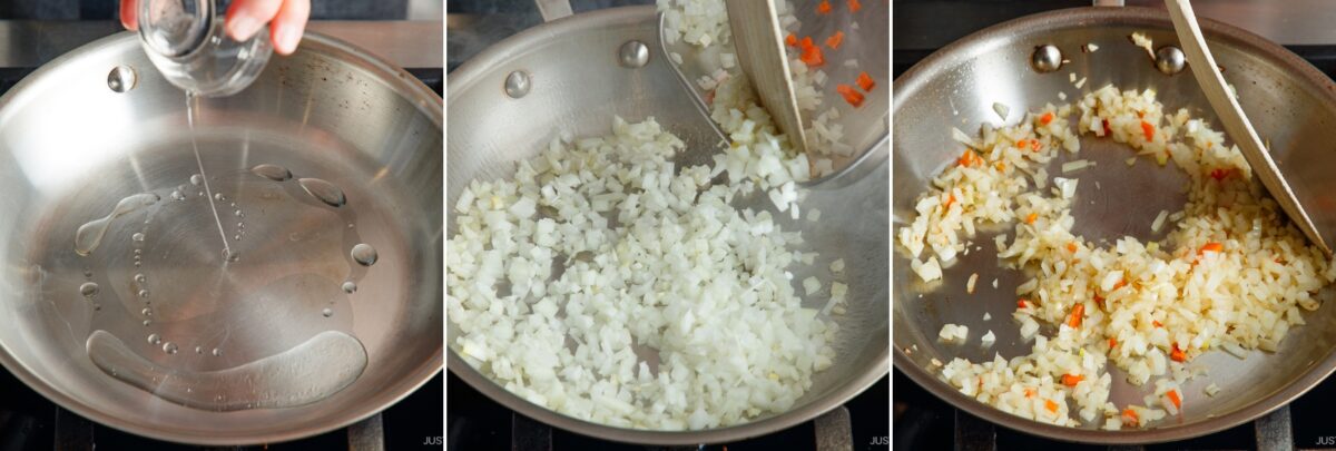 A three-panel image shows oil being poured into a skillet, chopped onions being added, and then the onions saut&eacute;ing with small pieces of red and orange pepper&mdash;a flavorful start to Yaki Keema Curry.