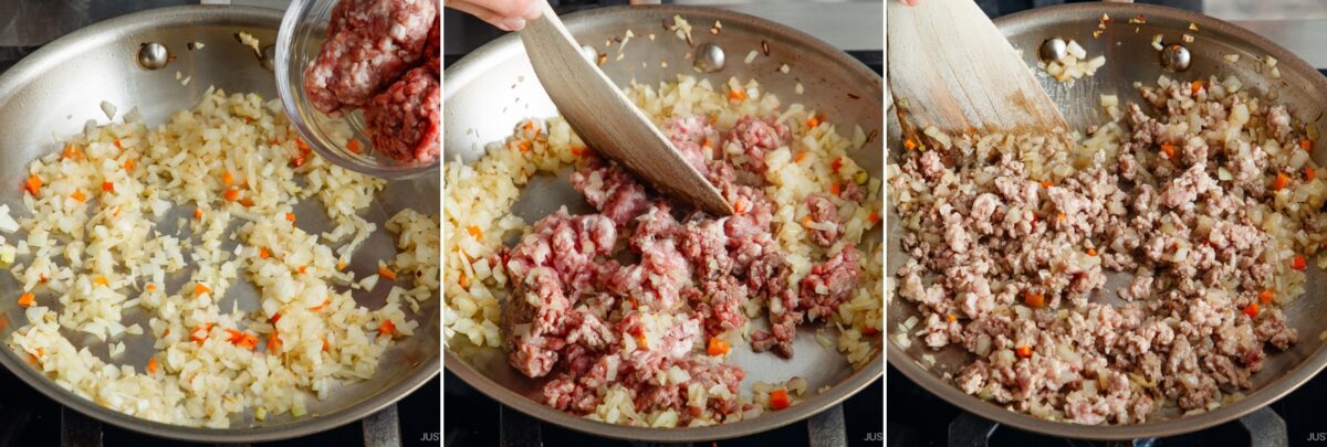 Triptych shows diced onions and peppers saut&eacute;ing in a pan, raw ground meat for Yaki Keema Curry being added and stirred in, then the meat browning and mixing thoroughly with the vegetables in the final stage.