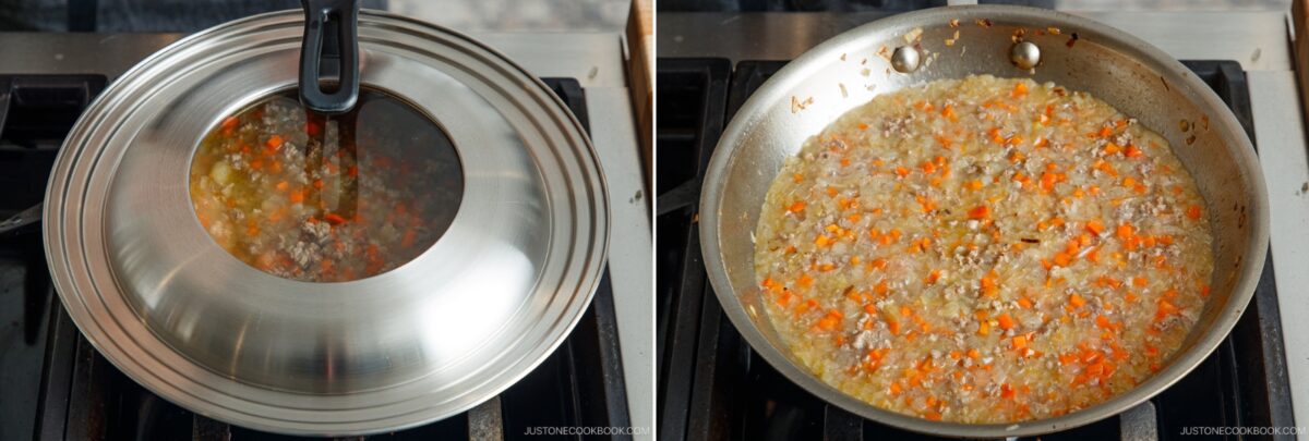 Side-by-side images show a pan with a metal lid covering simmering food, and on the right, the same pan uncovered, revealing chopped onions, carrots, and ground meat for Yaki Keema Curry being cooked on a stovetop.