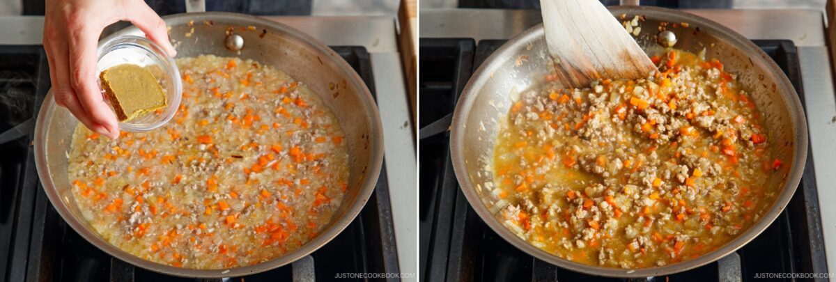 Two side-by-side images: On the left, a hand adds spice mixture to a pan of saut&eacute;ed onions and carrots; on the right, a wooden spatula stirs browned ground meat and veggies for Yaki Keema Curry in the same pan.