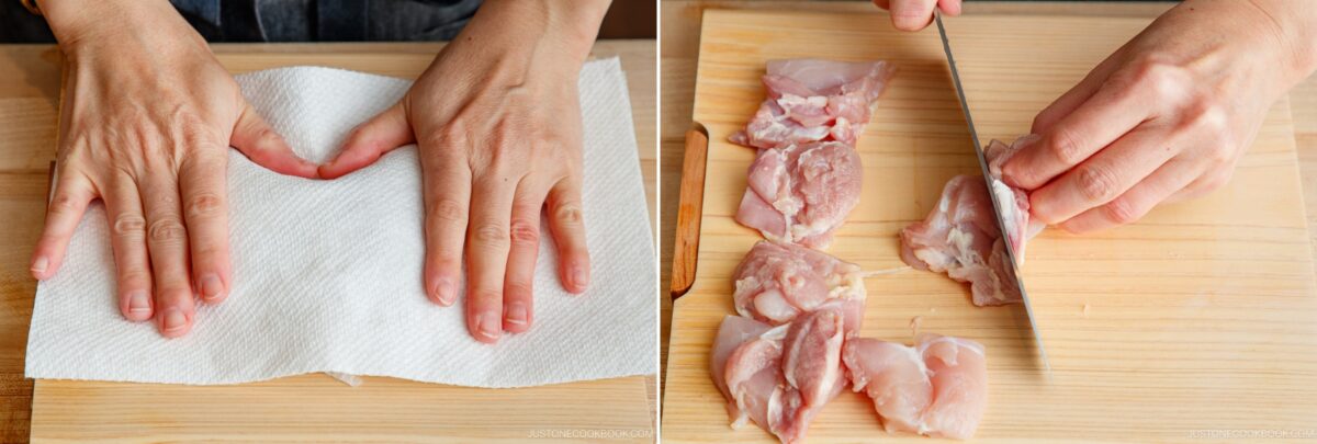Two images side by side: on the left, hands pat chicken pieces dry with a paper towel; on the right, hands slice raw chicken thighs on a wooden cutting board&mdash;essential prep steps for making yakitori don.