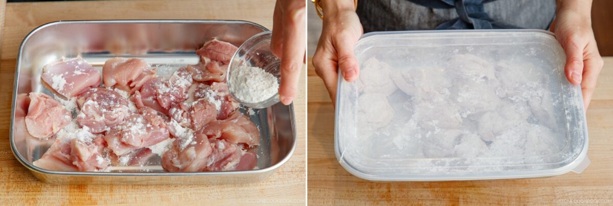 Raw chicken pieces in a metal tray are sprinkled with flour on the left; on the right, the tray&mdash;ideal for prepping dishes like yakitori don&mdash;is covered with a frosted plastic lid and held by two hands.