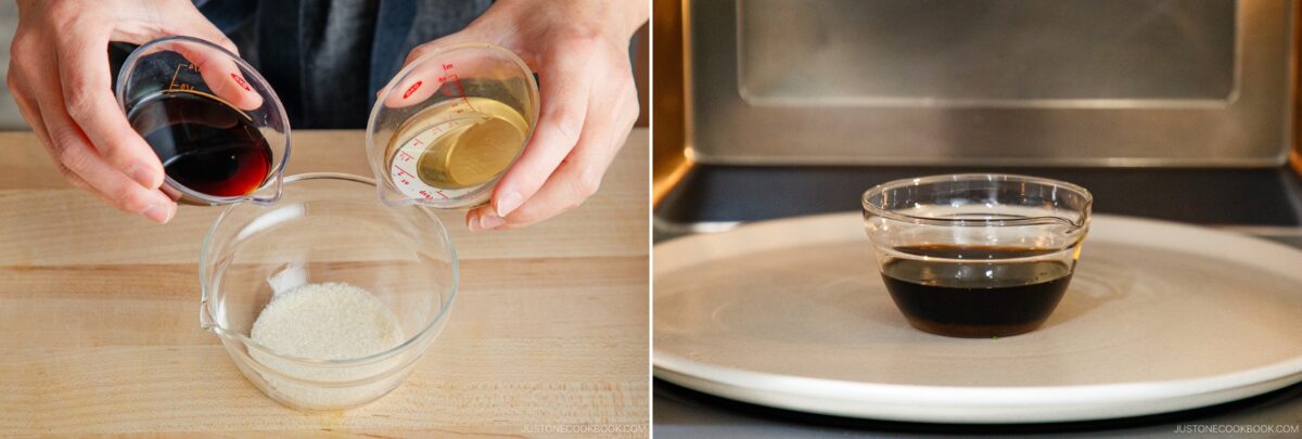 Left: Hands pour soy sauce and mirin into a bowl of sugar for yakitori don. Right: A small glass bowl with a dark liquid sits on a plate inside a microwave.