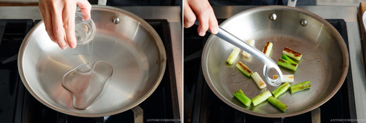 A person pours oil into a stainless steel pan on the left; on the right, they saut&eacute; chopped green onions in the pan using metal tongs, preparing ingredients for yakitori don.