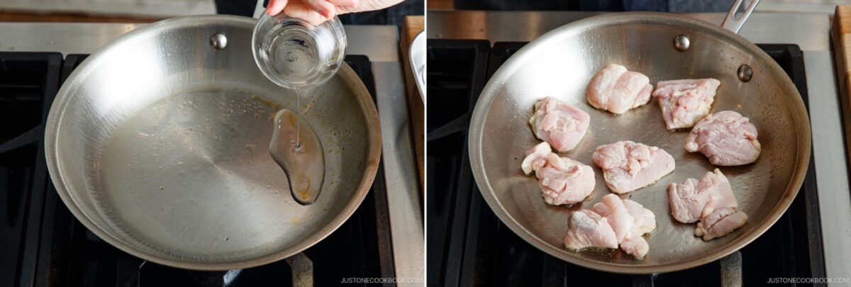 Side-by-side images: On the left, water is being poured into a heated stainless steel pan. On the right, pieces of raw chicken are arranged in the same pan, ready to be cooked for a delicious yakitori don.