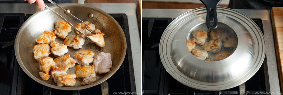 A two-panel image shows chicken pieces for yakitori don being cooked in a pan: the left panel has someone turning the browned chicken with tongs, and the right panel shows the pan covered with a lid as the chicken continues to cook.