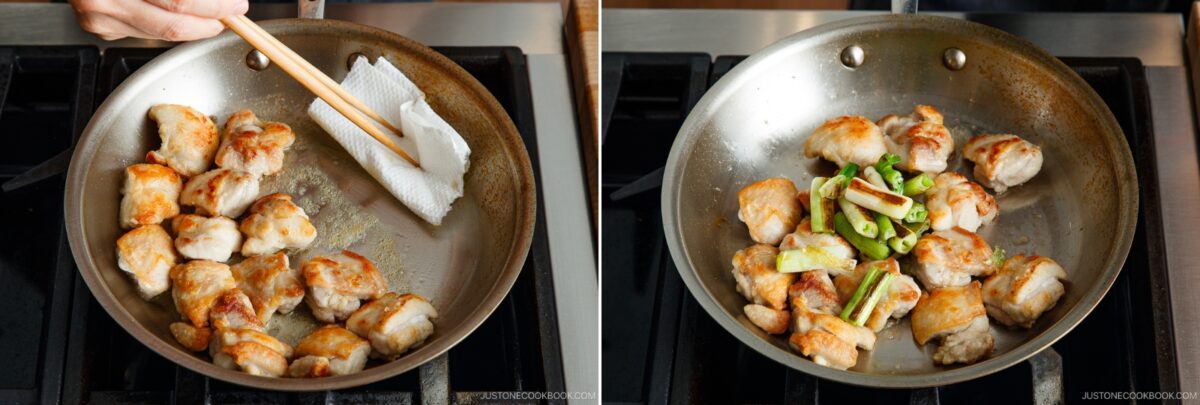 Two photos: Left shows a hand using chopsticks to blot excess oil from browned chicken pieces in a frying pan. Right shows the same pan with browned chicken and sliced green onions, classic steps in preparing yakitori don.