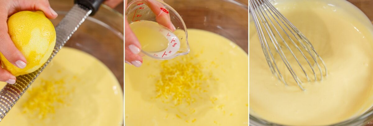 Three-panel image: left shows a hand zesting a lemon over a bowl; center shows lemon juice being poured into a bowl with zest; right shows a whisk mixing creamy yellow Japanese Cheesecake batter.