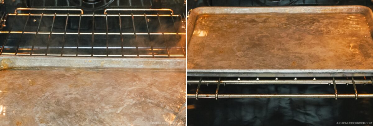 Side-by-side images of a preheated baking sheet in an oven—perfect for baking Japanese Cheesecake. The left sheet steams with visible condensation, while the right stays dry and clean, illustrating a key cheesecake preparation step.