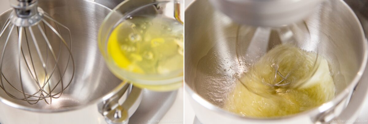Two images of a metal stand mixer: one shows egg whites being poured in, the other captures the mixer whisking them to a frothy texture—perfect steps for making airy Japanese Cheesecake.