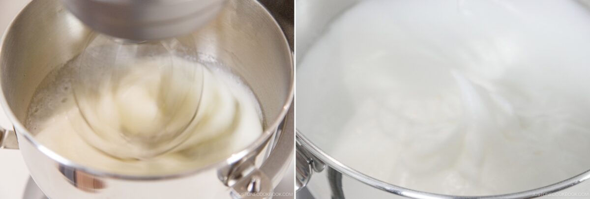 Side-by-side images of egg whites in a metal mixing bowl: on the left, being whisked with a stand mixer; on the right, whipped into stiff, glossy peaks for making Japanese Cheesecake.