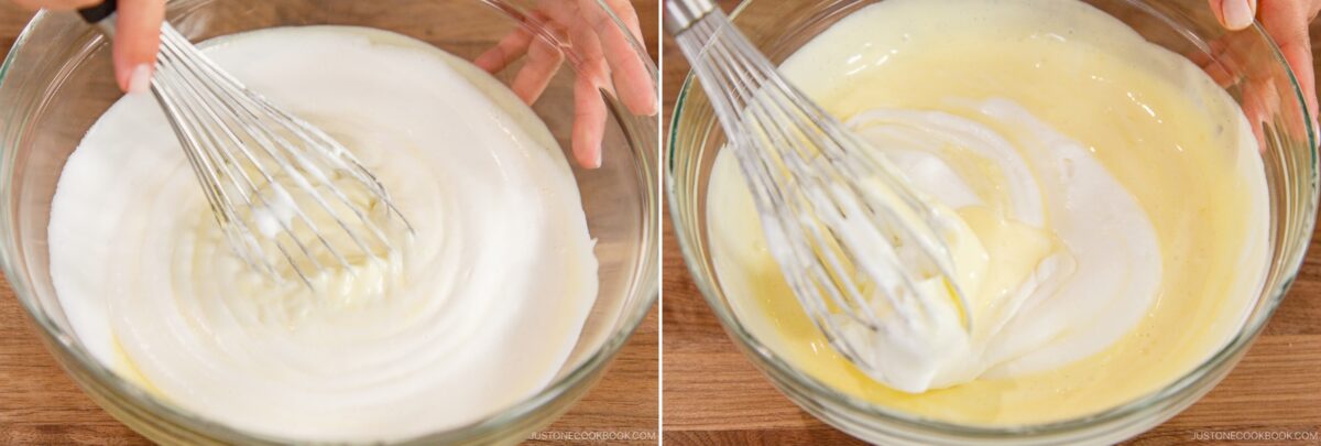 Two side-by-side images show a person whisking ingredients for Japanese Cheesecake in glass bowls: on the left, foamy egg whites; on the right, a yellow mixture, possibly egg yolks and sugar.