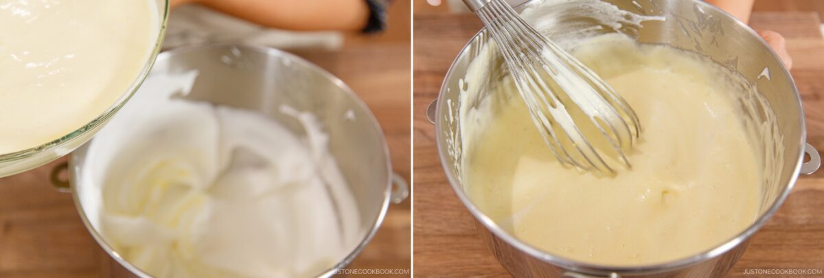 Split image: On the left, thick Japanese Cheesecake batter is poured into a bowl of whipped egg whites. On the right, a whisk mixes a smooth, pale batter in a metal bowl on a wooden surface.