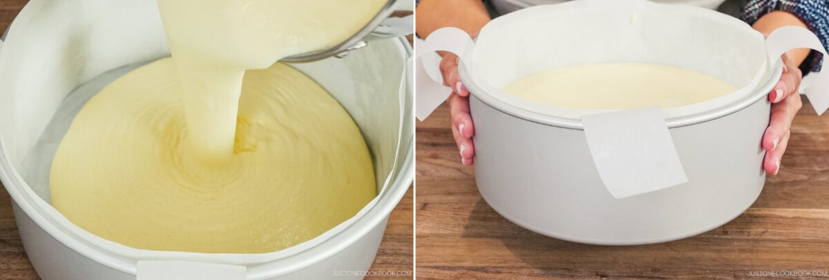 A collage showing Japanese Cheesecake batter being poured into a round parchment-lined pan on the left, and hands holding the filled pan on the right, ready to bake.