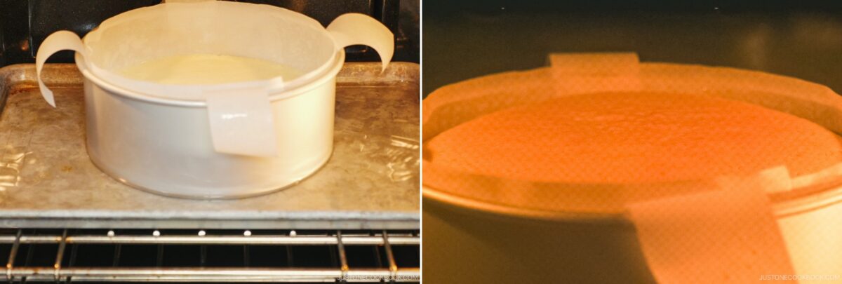 A round cake pan lined with parchment paper and filled with Japanese Cheesecake batter sits on a baking tray inside an oven. The second image shows the cheesecake rising and turning golden in the heat.
