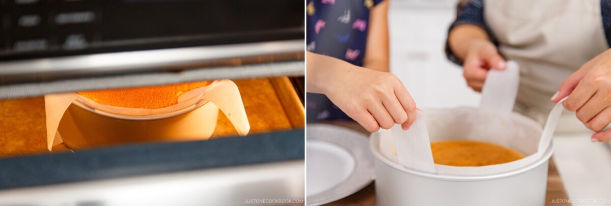 Left: A Japanese Cheesecake baking in the oven, lined with parchment paper. Right: Two people carefully lifting the airy baked cake out of the round pan using the parchment paper edges.