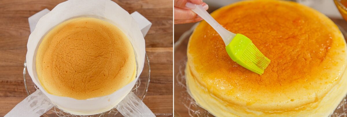 Left: A freshly baked, golden-brown Japanese Cheesecake in a parchment-lined pan. Right: A hand brushing glaze onto the top of a similar cake with a green silicone brush, giving it a shiny finish.