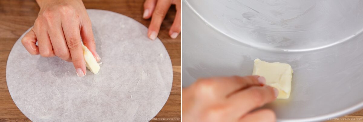 Two side-by-side images show a person greasing round parchment paper with butter on the left, and on the right, preparing a pan for Japanese Cheesecake by greasing its inside with butter.