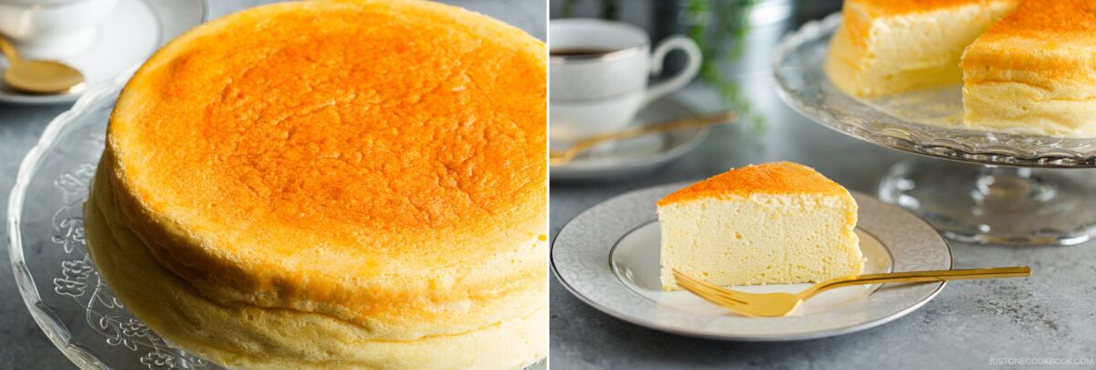 A fluffy Japanese Cheesecake sits on a glass cake stand. Next to it, a single slice of Japanese Cheesecake is served on a plate with a gold fork. A cup of coffee and blurred greenery are visible in the background.