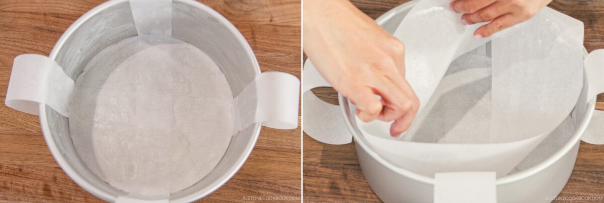 Side-by-side images showing a round baking pan prepared for Japanese Cheesecake, lined with parchment paper on the bottom and sides. Hands carefully adjust the parchment strips in the pan, which rests on a wooden surface.