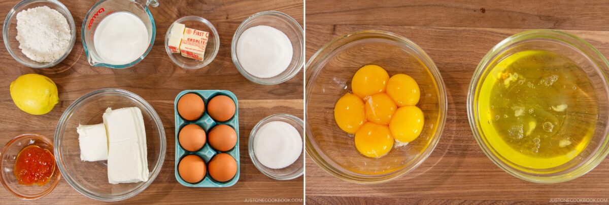 Two images side by side: on the left, baking essentials for Japanese Cheesecake—flour, milk, butter, sugar, lemon, jam, cream cheese, eggs; on the right, a wooden surface holding separate bowls of egg yolks and egg whites.