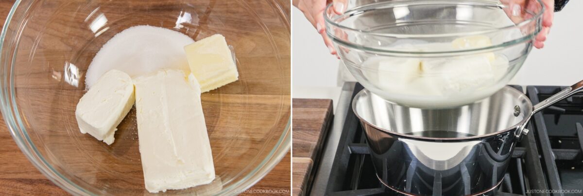 Left: A glass bowl with cream cheese, butter, and sugar on a wooden surface—ingredients for Japanese Cheesecake. Right: The bowl is set over a pot of simmering water, creating a double boiler on the stove.