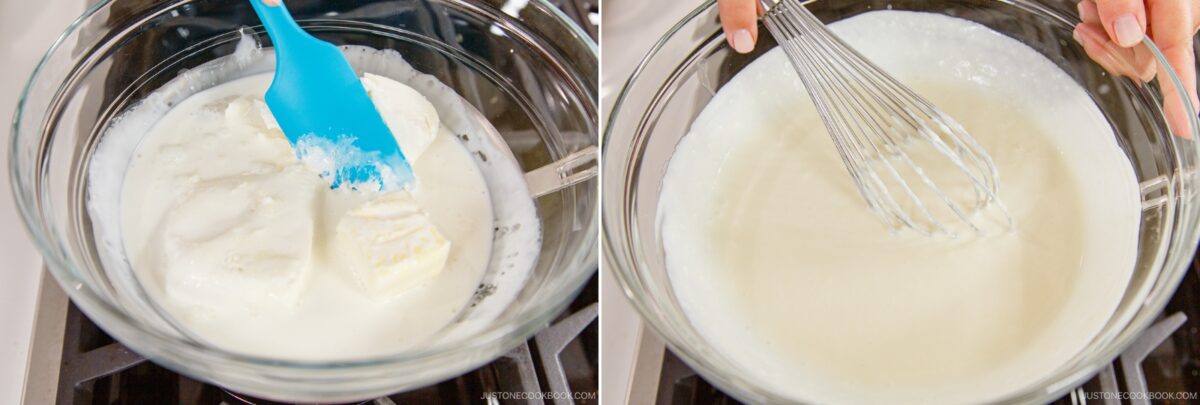 Side-by-side images show the making of Japanese Cheesecake: a bowl with cream cheese and milk being mixed with a spatula on the left, and a fully blended smooth mixture being whisked on the right. Both bowls are positioned on a stove.