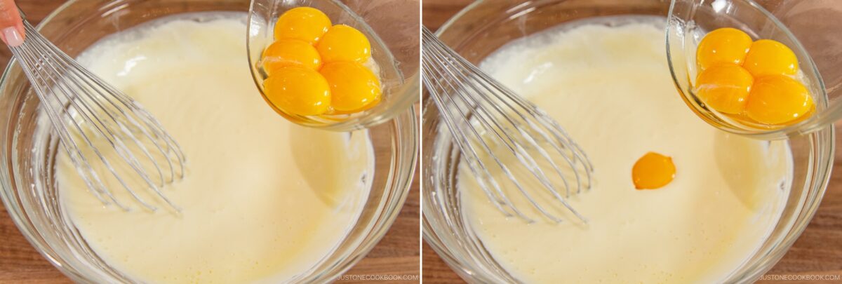 A side-by-side image shows egg yolks being added from a small bowl into a large glass bowl of whisked mixture for Japanese Cheesecake on a wooden surface. A metal whisk is in the larger bowl, ready to mix the ingredients.