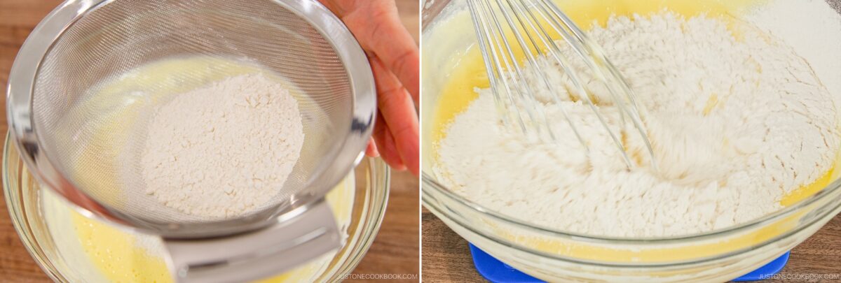 A person sifts flour into a bowl in the left image, while in the right image, a whisk is used to mix ingredients for Japanese Cheesecake in a glass bowl.