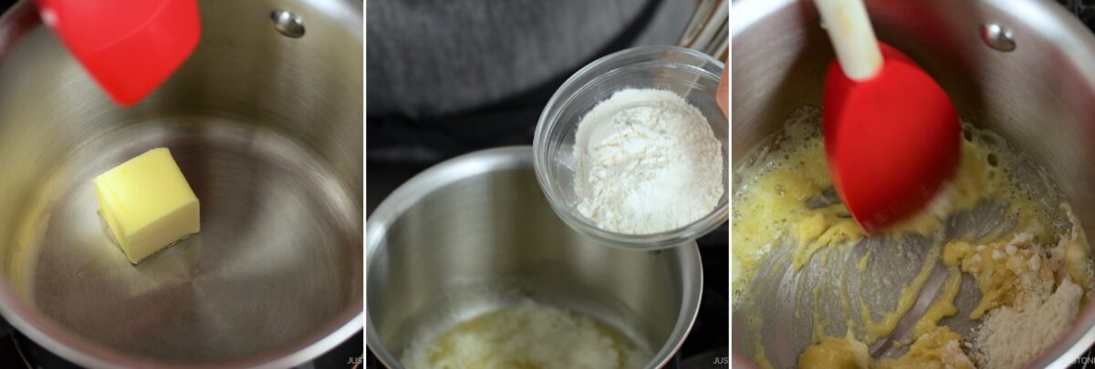 Collage of a cooking process for a demi-glace recipe: butter melting in a pot, flour being added, and flour and butter being mixed with a spatula.