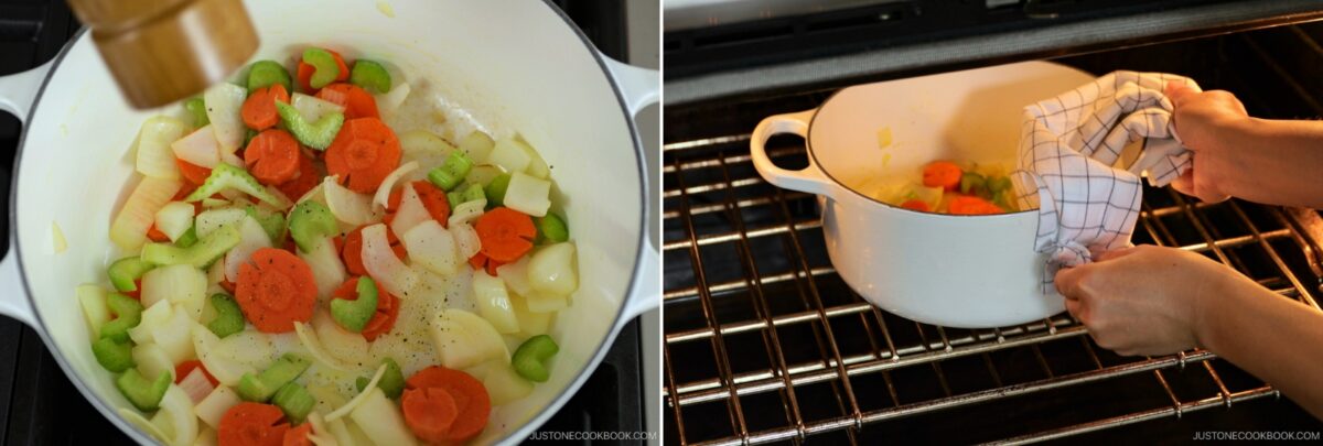 Left: Chopped carrots, celery, onion, and potatoes are being sautéed in a white pot for a rich demi-glace recipe. Right: A hand with an oven mitt places the covered pot into an oven on a rack.